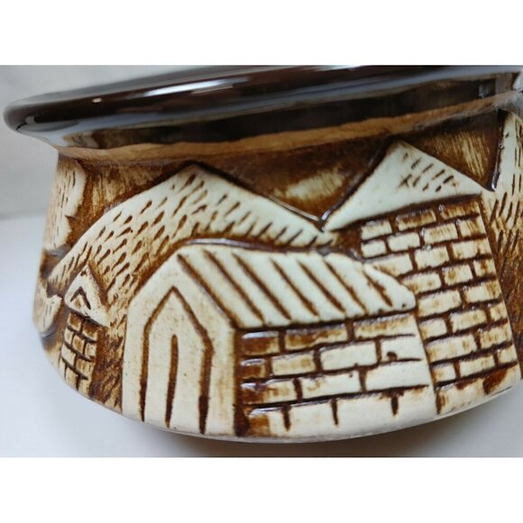 VTG Sunrise Brown Pottery Carved Clay Lid Houses Trees Outdoor 3D Design Glazed - Picture 9 of 12